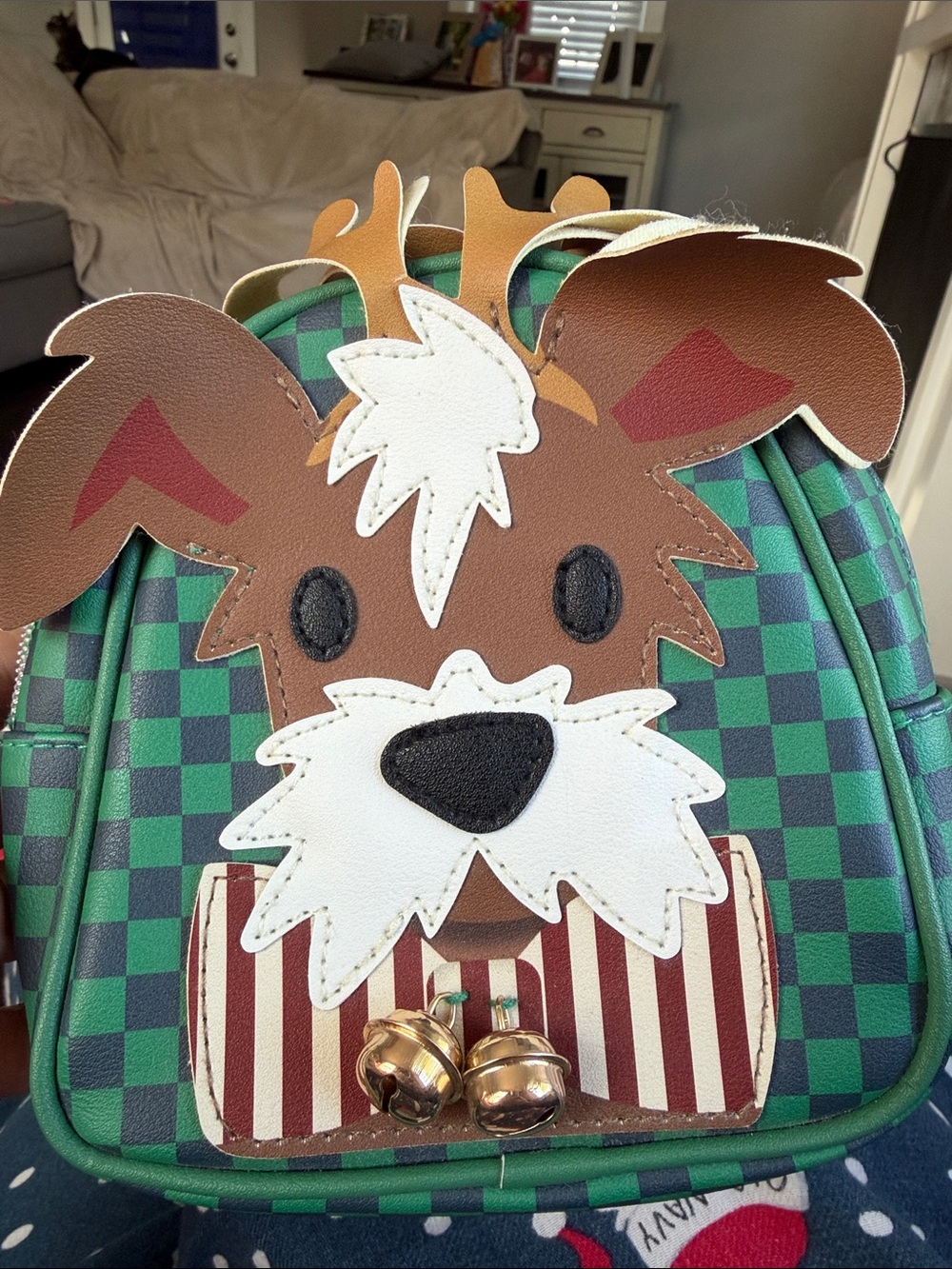 Bath & Body Works Green Checkered Dog Face Kids Backpack with Bell